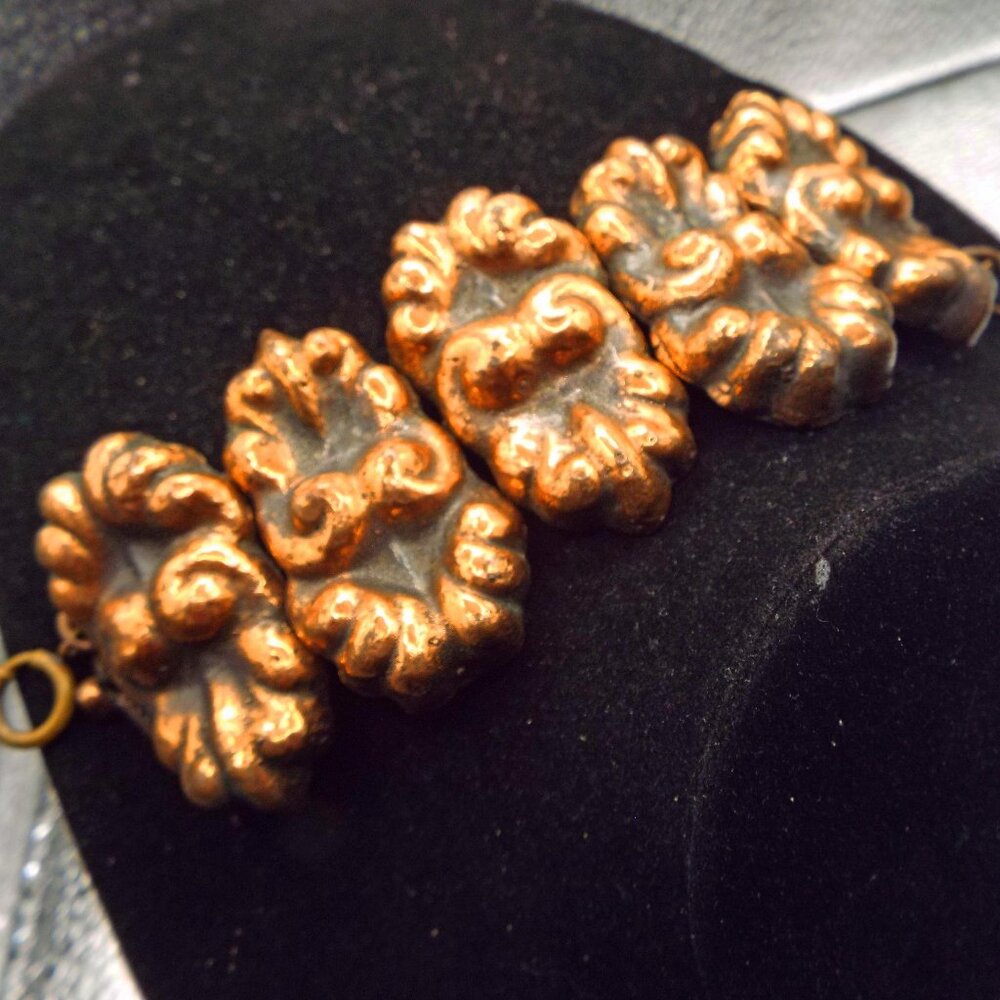 ANTIQUE ACANTHUS REPOUSSE PUFFY LARGE LINKS-CABLES PATINATED COPPER BRACELET 57